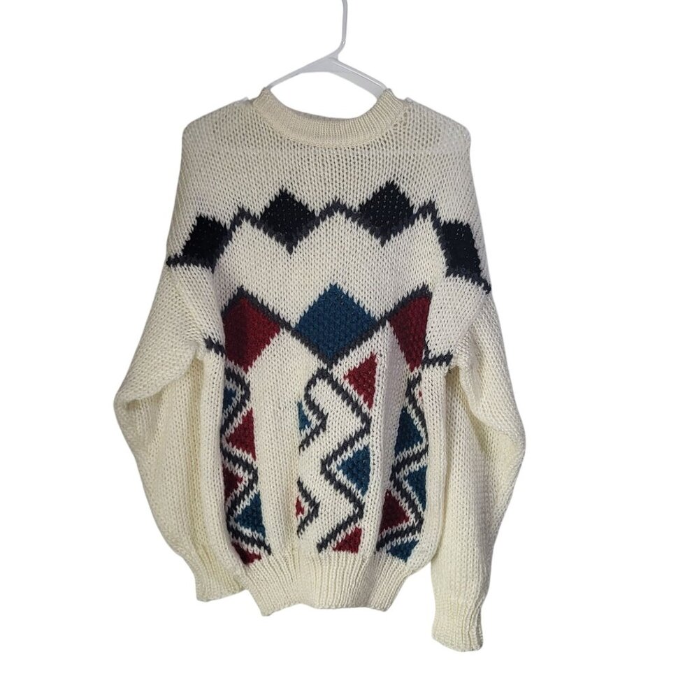 VTG Aztec Triangles Print Chunky Knit Sweater Men's Small Korea Old Money Ugly - Picture 2 of 8